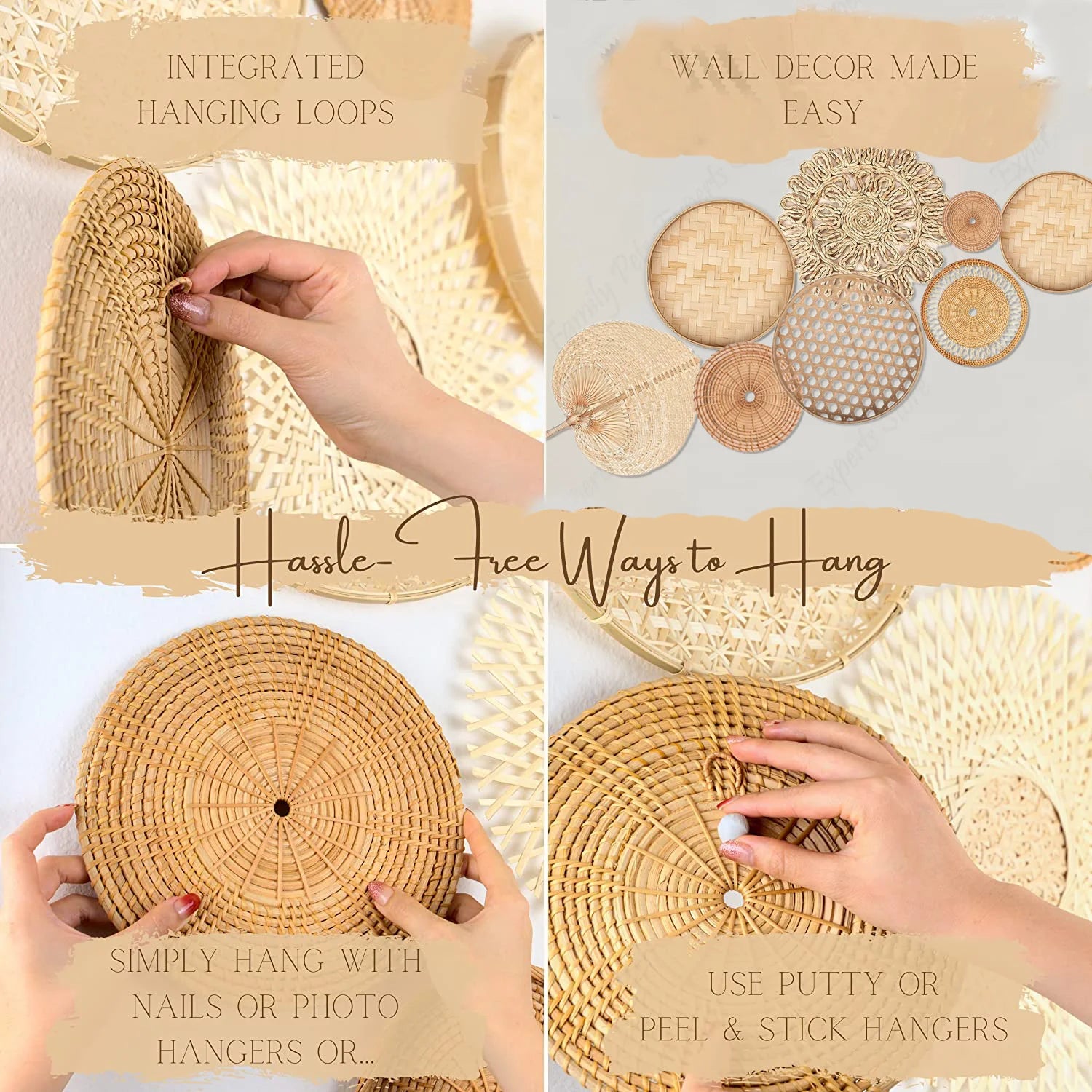 Handmade Rattan Wall Hanging Baskets – 8Pcs Farmhouse Style Decor for Balcony & Indoor Spaces
